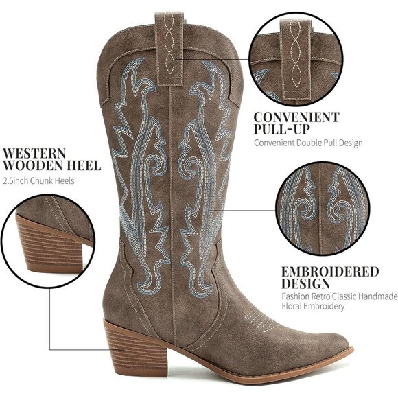 🆕Women Brown Western Cowgirl Embroidered Pointed Toe Chunky Heel Mid Calf Boots - Picture 3 of 6